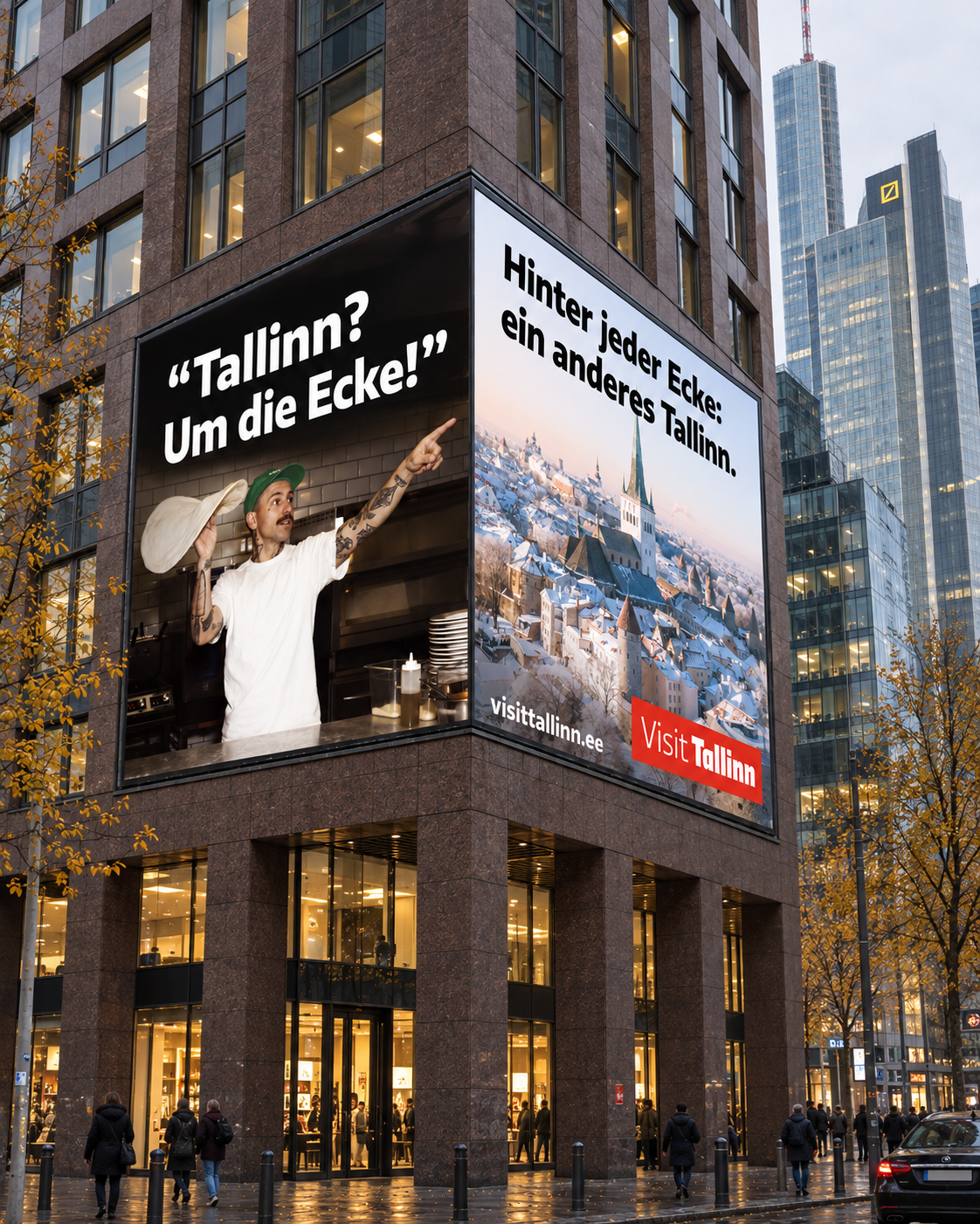 Frankfurt: FOOH-kavand Visit Tallinna reklaamiga hoone kahel nurgafassaadil.