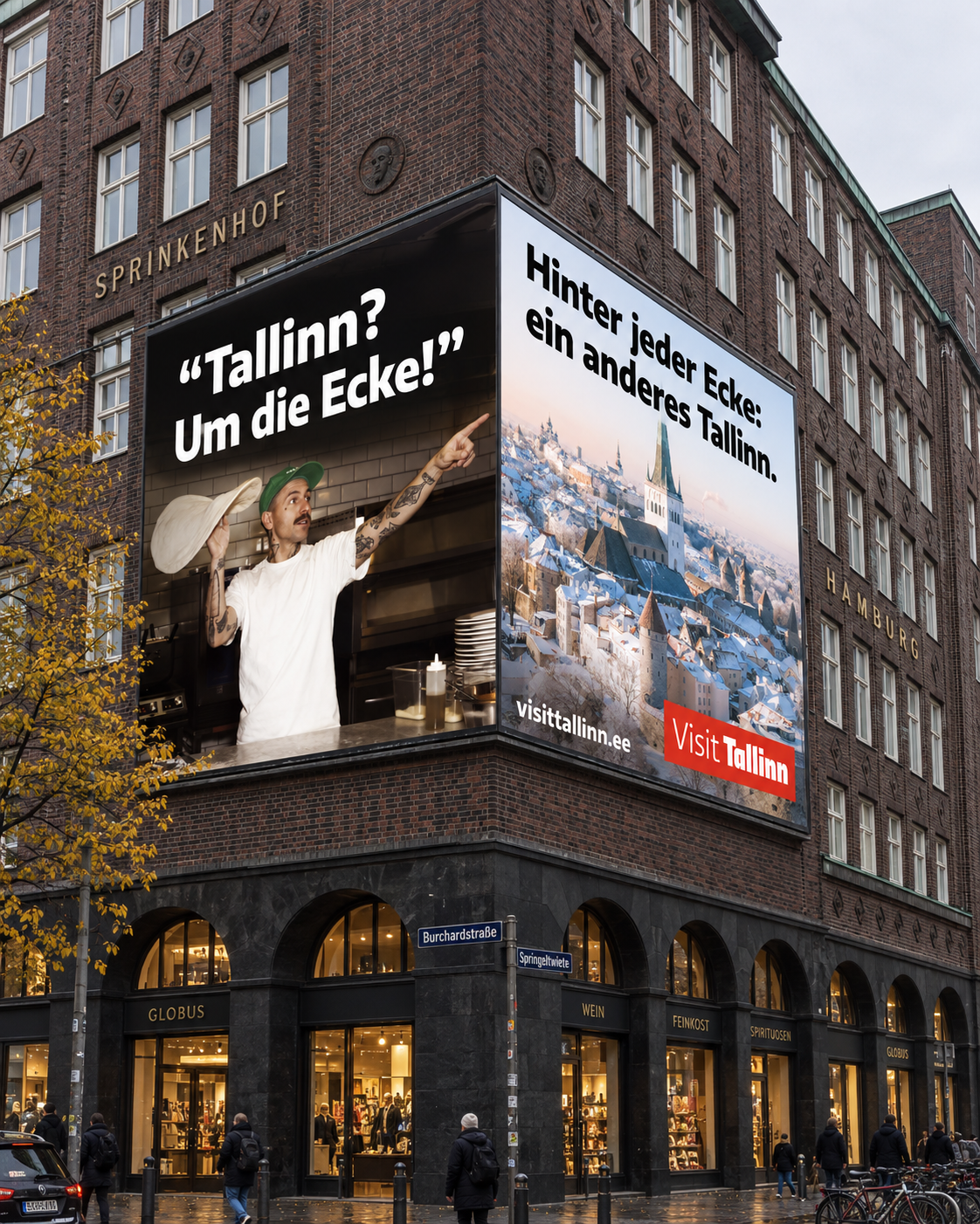 Hamburg: FOOH-kavand Visit Tallinna reklaamiga hoone kahel nurgafassaadil.