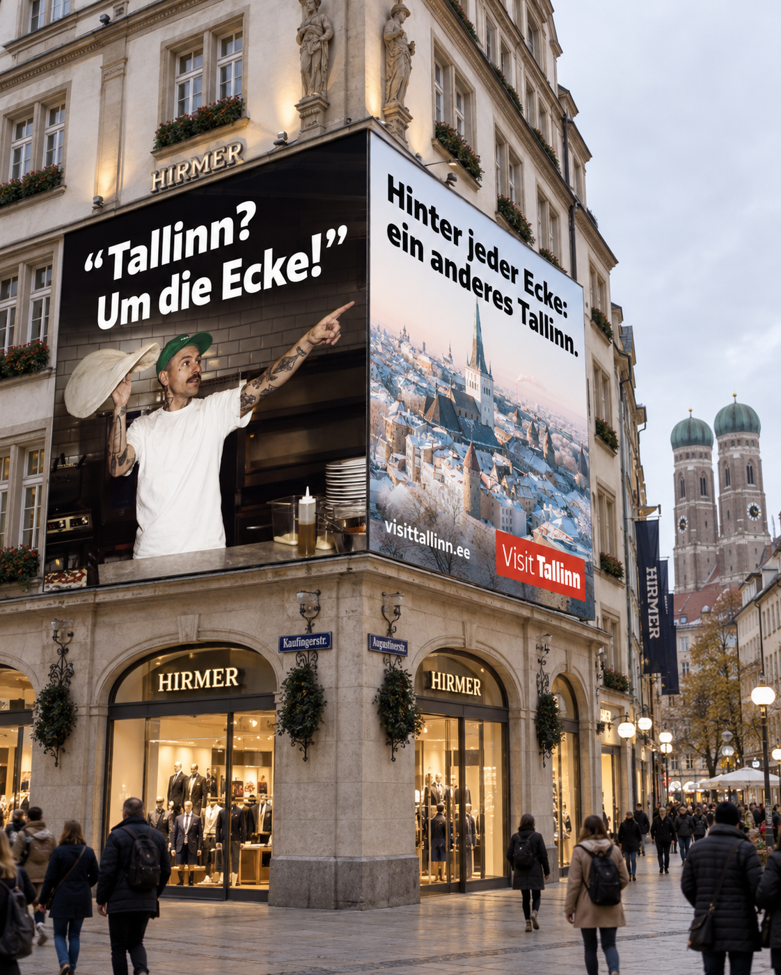München: FOOH-kavand Visit Tallinna reklaamiga hoone kahel nurgafassaadil.